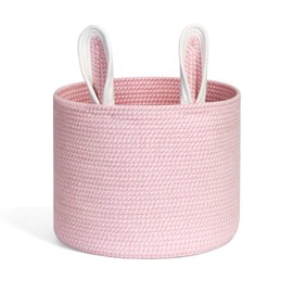 ORGMASTER Cotton Rope Basket 15”x15”x18” Large Storage Basket Bin Foldable Laundry Basket Clothes Hamper with Handle Cute Bunny Ears Organizer Woven Storage Baskets for Living Room, 52L, Pink