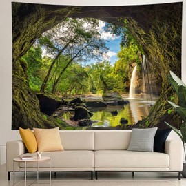 Hoisy Nature Tapestries, Green Forest Tapestries Waterfall Cave Jungle Tapestry Wall Hanging Forest Wall Decor 200X150 cm