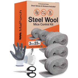 MaPorch Steel Wool Mouse Hole Filler - 3-Pack, 2.5 in x 7.5 ft - Malleable Gap Sealer for Wall Gaps - Hole Sealer for Mice Control at Pipe Openings - DIY Kit with Gloves & Scissors