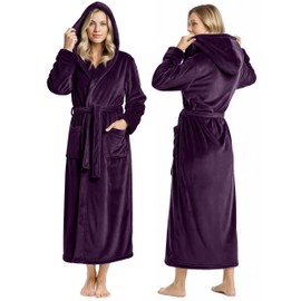 NY Threads Premium Womens Robe with Hood, Plush Fleece Long Bath Robe for Women, Fluffy Soft Women's Bathrobe, Large, Plum