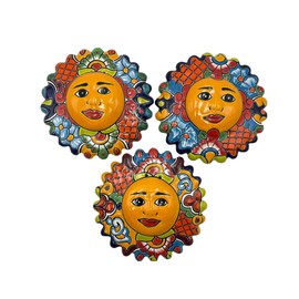 Talavera Sun Face (3) Folk Art Multicolor Mexican Pottery Home Decor Hand Painted Handmade Indoor Outdoor Diameter 9.5"
