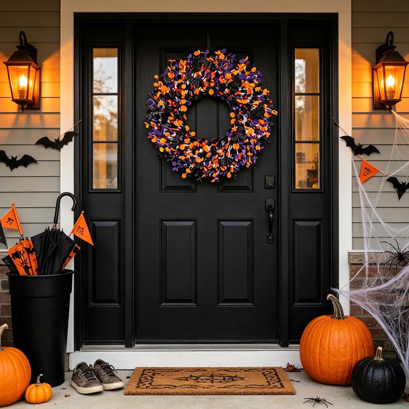 Boxwood Halloween Wreaths ，20 Inch Black Purple Orange with Bats