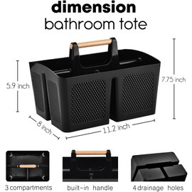 ALINK Portable Shower Caddy Basket with Compartments, Plastic Divided Cleaning Caddy Organizer Storage Tote with Handle for Bathroom, College, Dorm Room Essentials, Black