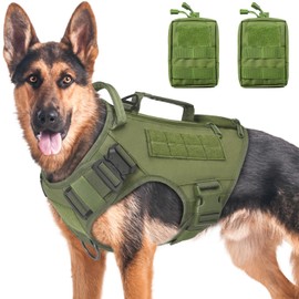 Tactical Dog Harness for Medium and Large Dogs No Pull Adjustable Dog Vest for Training Hunting Walking Military Dog Harness with Handle Service Dog Vest with Molle Panels Green,M,With pouches