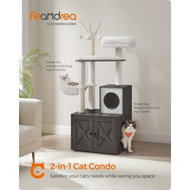 Feandrea Cat Tree with Litter Box Enclosure, 2-in-1 Modern Cat Tower, 54.3-Inch Cat Condo with Scratching Posts, Removable Pompom Sticks, Misty Gray UPCT113G02