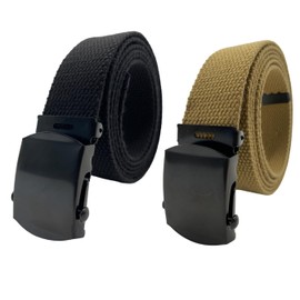 WAUNEE - Cinturón de tela de lona - Cinturón militar y de golf con hebilla negra, cintura de hasta 45 pulgadas, negro+caqui, 50''
