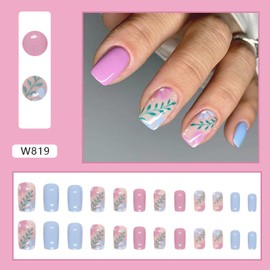 Summer Flower Leaf Press-on Nails, Medium Square Shape, Blue Pink Solid Color, Glossy Reusable Acrylic Stick-on, Artificial Full Cover Glue-on for Women DIY Manicure