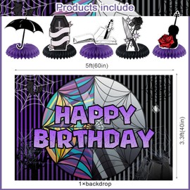 Wednesday Themed Birthday Party Decorations for Horror Movie Banner Backdrop Honeycomb Centerpiece Hanging Swirl for Midweek Horror Party Supplies Decor