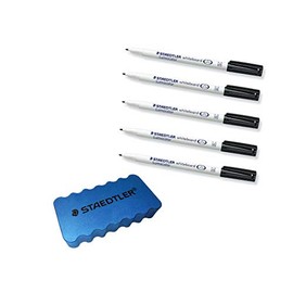 Staedtler 301-9 Lumocolor Whiteboard Pen M Tip Approx. 1.0 mm (Pack of 5 Board Markers + Eraser)