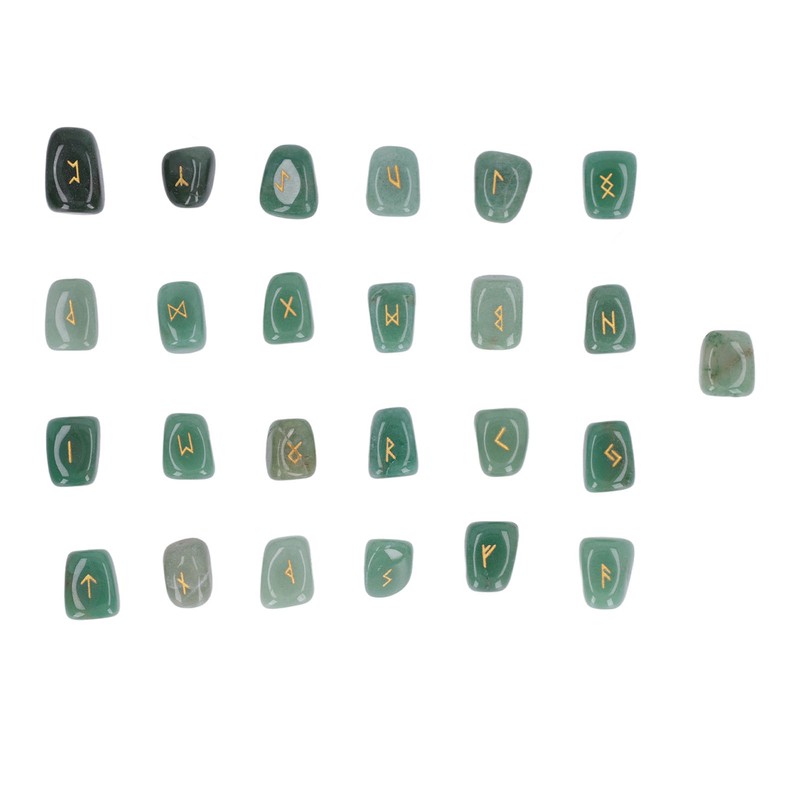 25pcs Rune Stones Set Hand Carved Polished Green Aventurine Portable