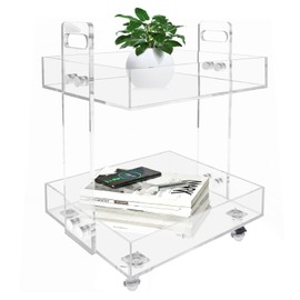 VPABES 2-Tier Small Acrylic Rolling Cart with Wheels,Mobile Side Table Acrylic Rolling Side Table Clear Cart Slide Out Cart Organization and Storage Cart with Wheels for Home Office School Bar