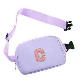 COSHAYSOO Initial Belt Bag Crossbody Letter Fanny Waist Pack Small Chenille Stylish Cross Body Purse for Teenager Girls Niece Stepdaughter Trending Birthday Christmas Gift from Aunt Stepmom Purple C