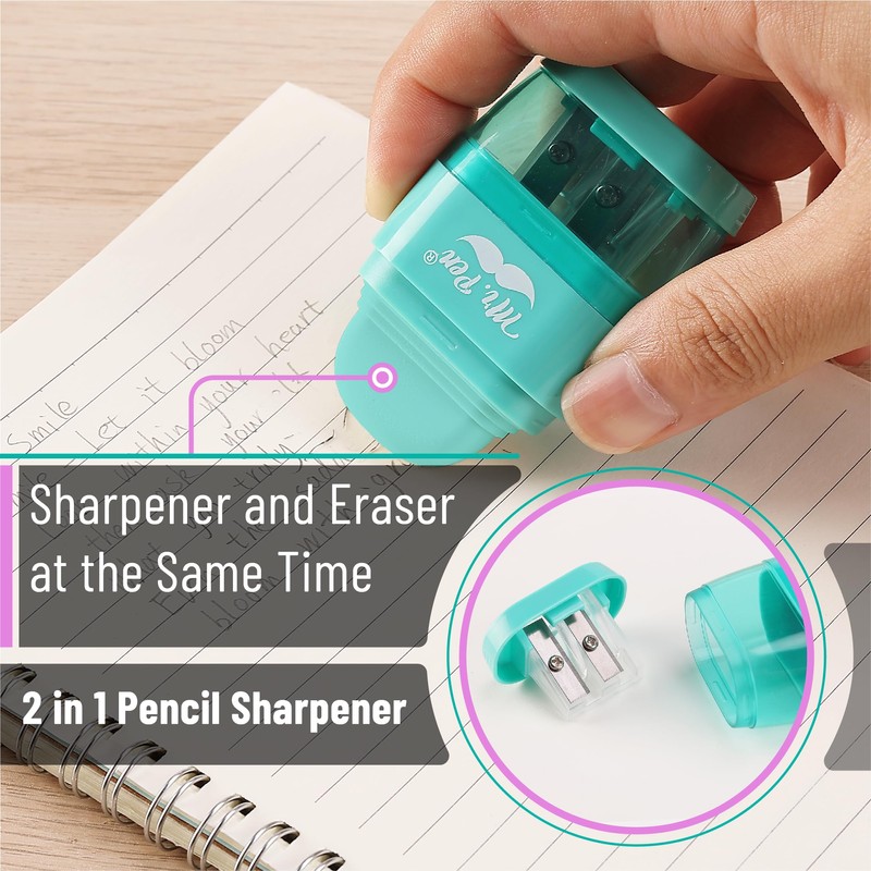 Mr. Pen- Pencil Sharpener & Eraser, 4 Pack, Colorful Erasers,