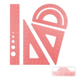 DHWEKU Set Square, Ruler 15 cm Children, 4-Piece Metal Ruler Set with Rounded Corners, Safety Design, Stationery, Maths, Geometry Kit, Protractor for Students, Teachers, School, Pink