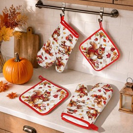 Arquiel Autumn Squirrel Oven Mitts and Pot Holders Sets, 100% Cotton, 4pcs