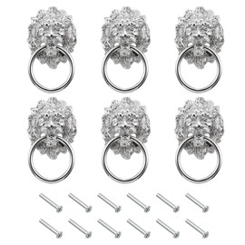 uxcell 6 Pcs Lion Head Pulls Knob, 3.54" x 2" Zinc Alloy Vintage Lion Door Handle Decorative Front Door Knob Ring Pull Handle for Gate Cabinets Drawers, Silver