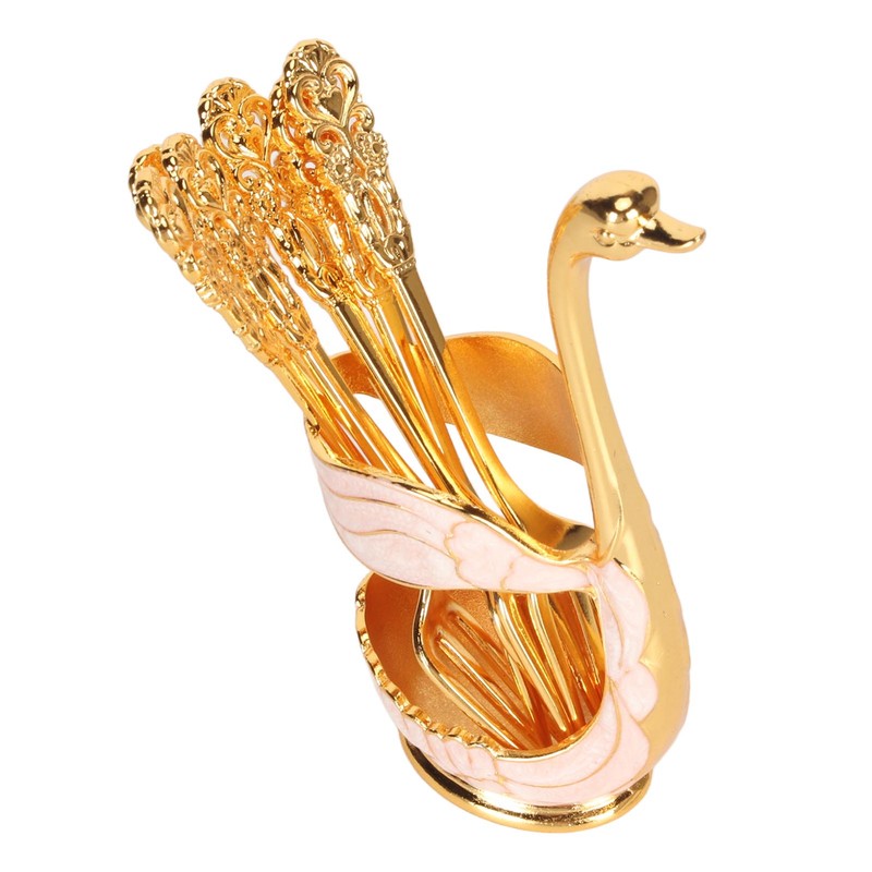 6Pcs Coffee Dessert Fork Set Metal Swan Base Holder Dessert