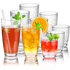 Zioffiel 9 Pcs Plastic Drinking Tumblers Set of 14/18/24 oz, Acrylic Drinking Glasses with Straw&PP Brush, BPA-Free, Stackable Water Cups, Clear Cups for Juice, Wine (14/18/24 oz-9 pcs)