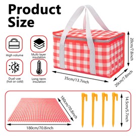Huakaile Insulated Picnic Baskets 13.8*7.9*7.9 In with Picnic Blanket 70.9*70.9 In, Portable Waterproof Insulated Bags, Cooler Bags Beach Bags for Hot or Cold Outdoor Activity Beach Camping (Red)