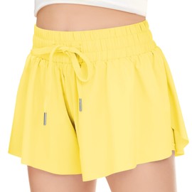 Girls Athletic Flowy Shorts with Pocket 2 in 1 Butterfly Shorts for Teen Girls Youth Running Sports Spandex Shorts Yellow Medium