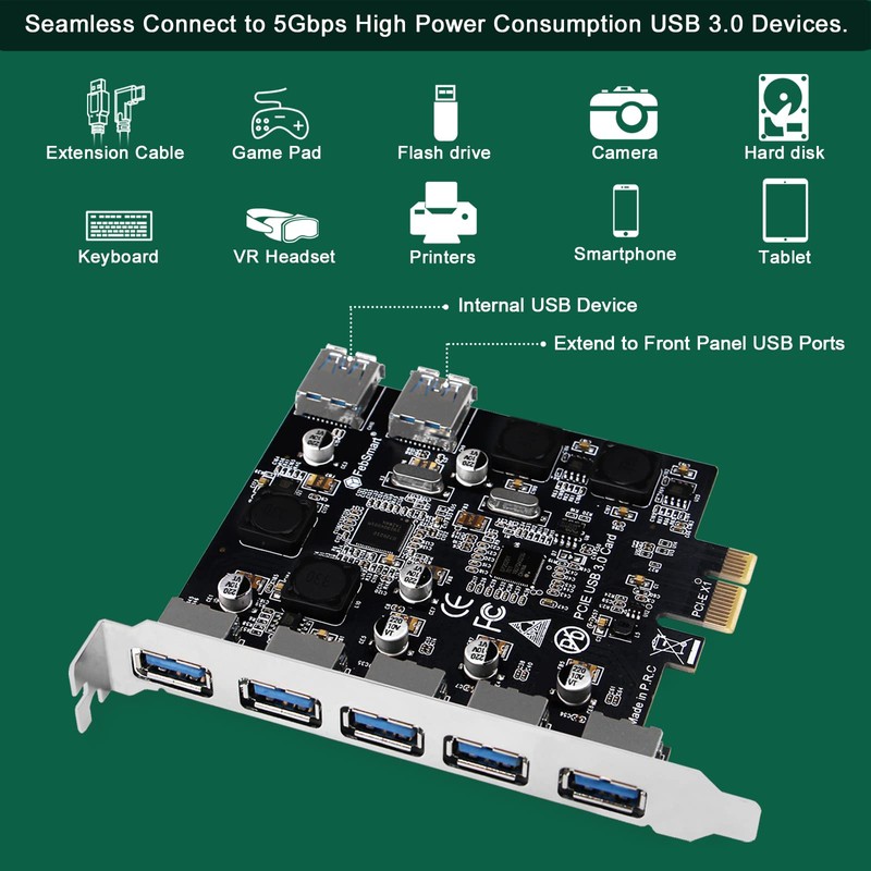 FebSmart 7-Ports Superspeed 5Gbps PCIE USB 3.0 Expansion Card for