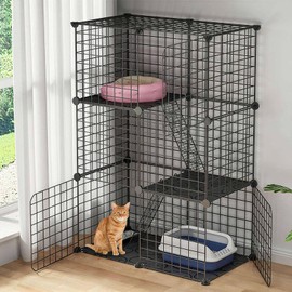 TeqHome Large 3-Tier Cat Cage, Indoor Cat Enclosures Pliable DIY Cat Playpen, Detachable Metal Wire Kennels Cat Crate Box House with 3 Doors 2 Ramp Ladders for 1-2 Cats, 28.3"L x 14.1"W x 42.2"H,Black