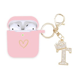AIIEKZ Compatible with AirPods Case Cover, Soft Silicone Case with Gold Heart Pattern for AirPods 2&1 Generation Case with Rhinestone Studded Letter A-Z Keychain (T Pink)