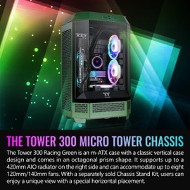Thermaltake Tower 300 Racing Green Micro-ATX Case; 2x140mm CT Fan Included; Support Up to 420mm Radiator; Optional Chassis Stand Kit Allows Horizontal Display; CA-1Y4-00SCWN-AZ; 3 Year Warranty