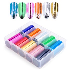 10 Sheets Holographic Nail Art Foil Transfer Stickers - Metallic Color Print Nail Decals 3D Self-Adhesive Stickers DIY Manicure Decoration Kit