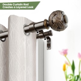 1 Inch Double Curtain Rods 36 to 72 Inches (3 to 6 ft), USFOOK Bronze Drapery Rods for Windows 24 to 68 Inches, Telescoping Dual Curtain Rod with Woven Leaf Finials