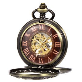 TREEWETO Mens Antique Dragon Mechanical Skeleton Pocket Watch Wooden Roman Numerals Dial Bronze Double Case Pocket Watches for Men