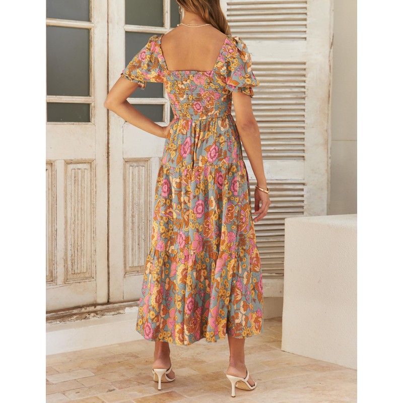 ZESICA Women's 2025 Summer Boho Floral Print Square Neck Ruffle