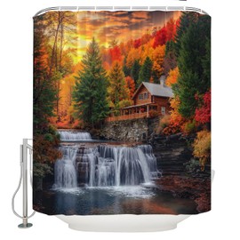 Fall Forest Waterfall Shower Curtain Autumn Mountain Tree Jungle Country Outdoor Farmhouse Rustic Nature Landscape Fabric Bathroom Decor Sets with Hooks