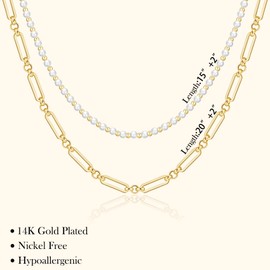 OOOPEL Layered Gold Necklaces for Women,14K Gold Plated Dainty Stackable Chain Set with Paperclip/Pearl/Snake Chains Adjustable Pendants Choker Necklace Stack Jewelry Gift Set for Women (2/3 Piece)