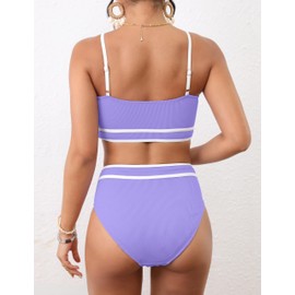 BMJL Women's High Waisted Bikini Ribbed Two Piece Swimsuit High Cut Color Block Adjustable Straps Bathing Suit(M,Light Purple), Medium