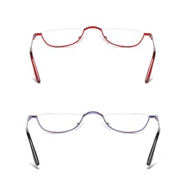 KoKoBin Half Reading Glasses - 2 Pairs Half Rim Metal Frame Glasses Spring Hinge Readers with Leather Pouch for Men and Women (Red+Purple, 1.75)