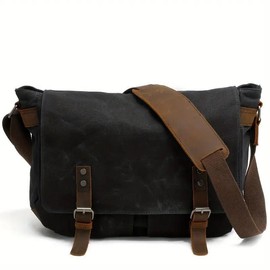 Mens Waxed Canvas Messenger Bag Shoulder Satchel Leather Crossbody Bag for Laptop - Colour: black
