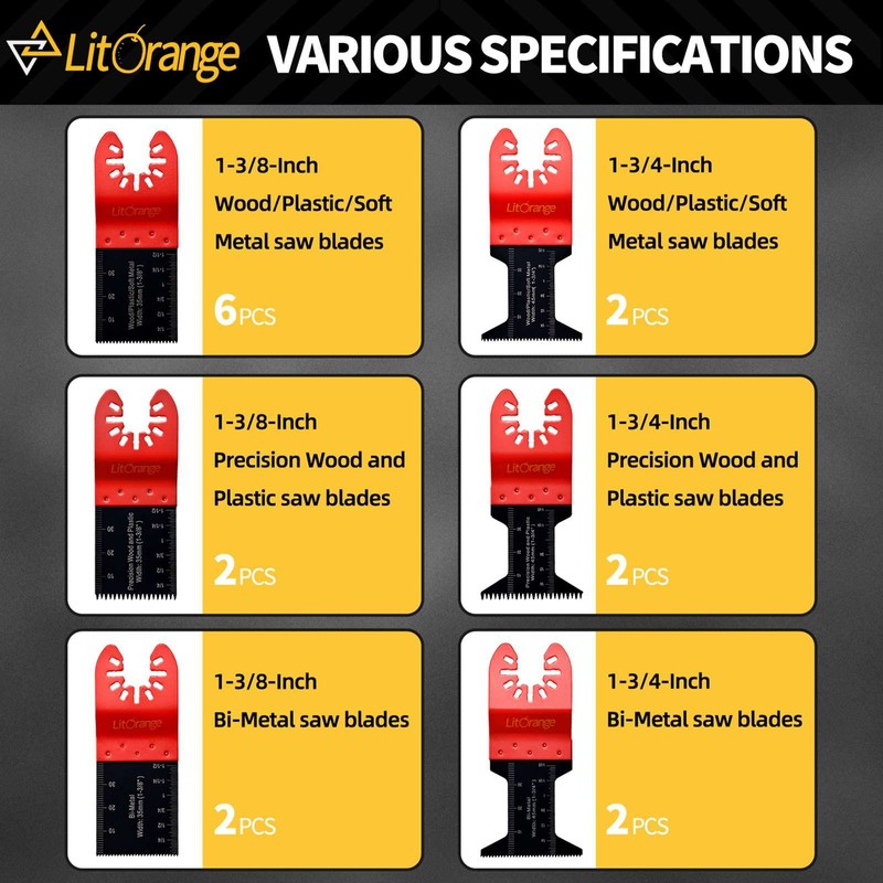 Litorange 16 Pcs Oscillating Saw Blades, Professional Wood/Metal/Plastic Universal Multitool,