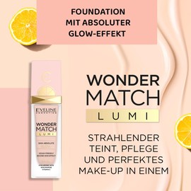 Eveline Cosmetics Wonder Match Lumi Foundation SPF 20 - Moisturising, Balancing Makeup Formula with Vit. C, Hyaluronic Acid & Rose Extract - Radiant Glow & Even Complexion