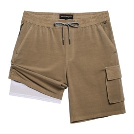 MaaMgic Mens Swim Trunks 9'' Compression Liner 2 in 1 Cargo Shorts Quick Dry Bathing Suit with Pockets,Khaki,X-Large