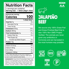Chomps Grass-Fed and Finished Jalapeño Beef Jerky Snack Sticks 10-Pack - Keto, Paleo, Whole30, 10g Lean Meat Protein, Gluten-Free, Zero Sugar Food, Non-GMO