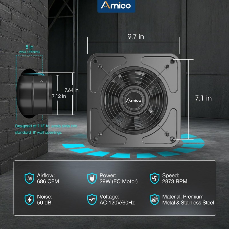 Amico 8" Kitchen Exhaust Fan, Remote 9-Speed, 29W EC Motor,