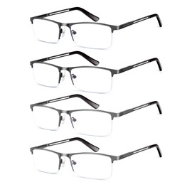 HIGHLIKE 4-Pack Blue Light Reading Glasses for Men, Metal Half Frame Readers Spring Hinge Clear Lens Eyeglasses with Pouches, Semi Rimless 2 Black 2 Gunmetal 2.0 x
