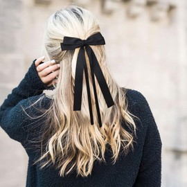 3 Piece Satin Bow Clip Hair Ribbons for Women & Girls, Metal Alligator Clip No Slip Design Bow, Double Long Tail Bows (Black, One size)