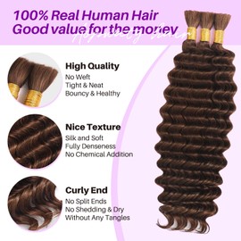Human Braiding Hair for Boho Braids, Deep Wave Bulk Boho Braids Human Hair for Knotless Curly Bohemian Water Wave Braiding 110g 18 Inch Chocolate Brown (3 No Weft Bundles/Pack)