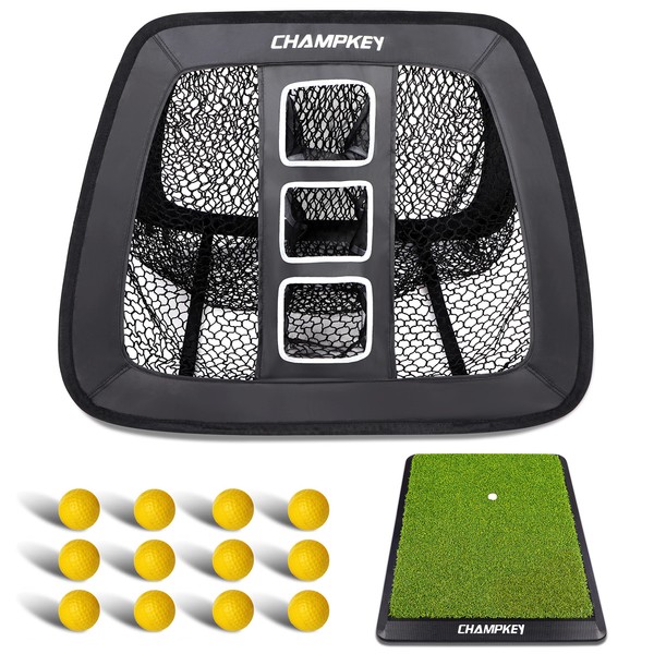 CHAMPKEY Double Sided Golf Chipping Net with Golf Hitting Mat | Come with 12 Foam Golf Balls | 5 Ply-Knotless Netting Chipping Net and Heavy Duty Rubber Backing Hitting Mat Ideal for Training