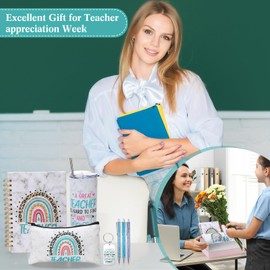 Skylety 7 Pcs End of Year Teacher Gifts Set 2025 Teacher Tumbler with Lid Makeup Bag Rainbow Spiral Notebook Keychain and Ballpoint Pens for Appreciation Gift Retirement Back to School(Green)