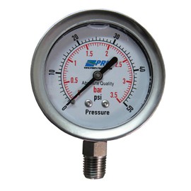 PRM 304 Stainless Steel Pressure Gauge, 0-50 PSI, 2-1/2 Inch Dial, 1/4 Inch NPT Bottom Mount, Glycerin Filled for Vibration Dampening, ASME Grade B Accuracy
