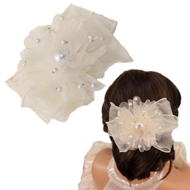 Kenjudess Mesh Tulle Pearl Flower Bow Hair Clips with Beaded Crystal Chiffon Bow Hair Barrettes Hair Pins Feather Bridal Wedding Hair Accessories for Women (White+Bow Tie+Pearl)
