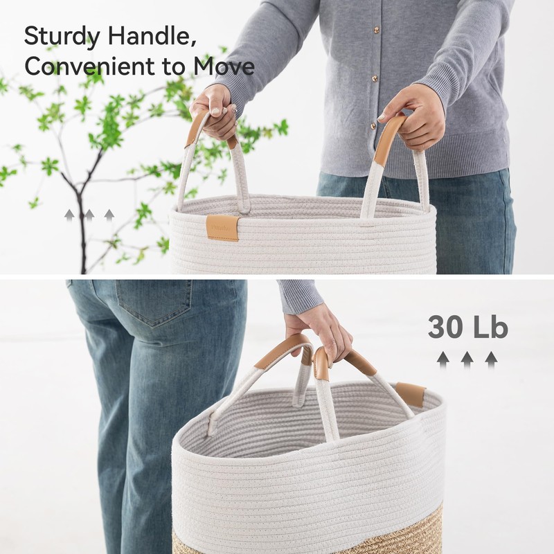 Nunsino 95L Striped Laundry Hamper with Leather Handles,Large Foldable Laundry